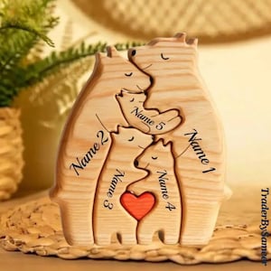 Personalized Wooden Bear Family Puzzle, 2-5 members, Bears Hugging, Custom Handmade, Bear Lover Thanksgiving Anniversary Valentines Gift