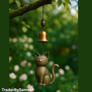 Cute Cat Wind Bell – Garden Hanging Decoration – Lucky Cat Bell Ornament – Outdoor Vintage Style Bronze Cat Chime Gift