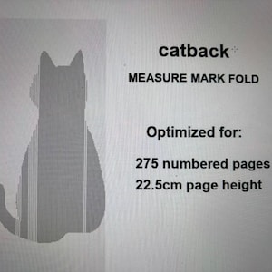 May include: A gray silhouette of a cat with the text catback, MEASURE MARK FOLD, Optimized for: 275 numbered pages, 8.86 inches page height. The graphic features a vertical striped pattern within the cat shape on a light gray background.