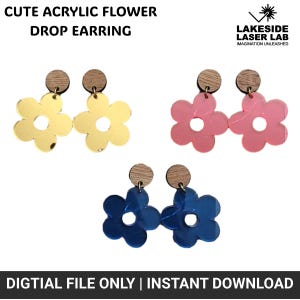 May include: Three pairs of acrylic flower drop earrings. The first pair is gold, the second pair is pink, and the third pair is blue.