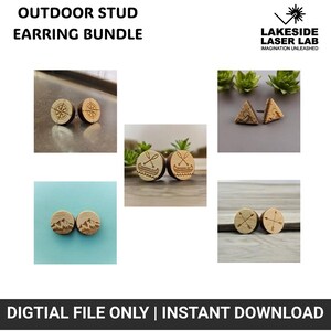 May include: Set of six wooden stud earrings with various outdoor-themed designs, including a compass, canoe, mountains, and arrows. The earrings are laser-cut and engraved with intricate details. "Lakeside Laser Lab Imagination Unleashed" is printed on the image.