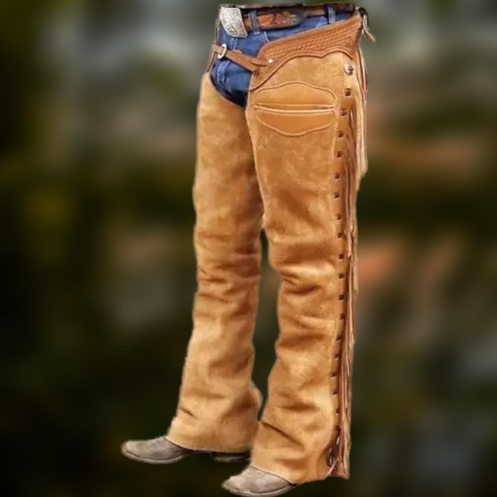 Western Suede Leather Chaps: Basketweave Tooled Fringe Horse Riding Gear