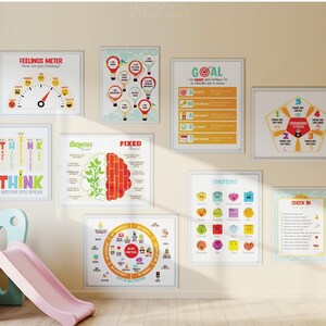 Könnte beinhalten: Eine Sammlung von gerahmten Lehrplakaten mit weißen Rändern, die an einer beigefarbenen Wand ausgestellt sind. Die Plakate zeigen Text und Grafiken zu Gefühlen, Zielen und Emotionen. Eine Kinderrutsche befindet sich im Vordergrund.