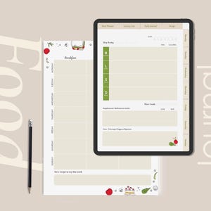 Puede incluir: Un diario de alimentos digital y un planificador de comidas impreso se muestran sobre un fondo beige. El diario digital está en una tableta negra, y el planificador impreso tiene un lápiz al lado. Ambos tienen un esquema de color beige claro con acentos verdes y rojos.