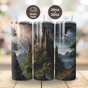 Personalized Fantasy Tumbler, Custom Skinny Tumbler, Castle and Dragon Tumbler, Medieval Fantasy Gift, Insulated Stainless Steel Tumbler
