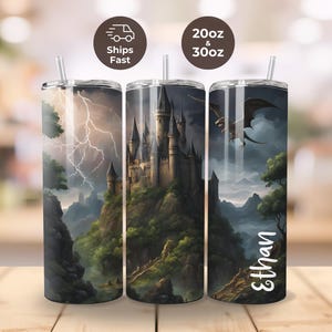 Personalized Fantasy Tumbler, Custom Skinny Tumbler, Dragon and Castle Tumbler, Engraved Name Tumbler, Insulated Stainless - Tumbler Gift