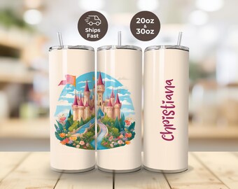 Personalized Princess Tumbler - Custom Skinny Tumbler - Fairytale Castle Tumbler - Gift for Girls - Insulated Stainless Steel Tumbler