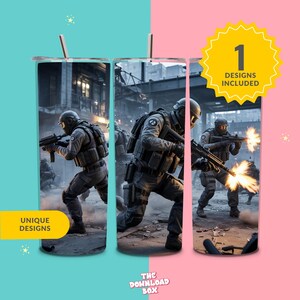 May include: Three stainless steel tumblers with a military-themed design. Each tumbler features a detailed illustration of soldiers in action, with the text "UNIQUE DESIGNS" and "1 DESIGNS INCLUDED". The background is a cityscape.
