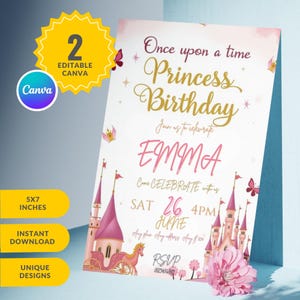 Princess Birthday Invitation, Princess Birthday party evite, Editable pink Princess party invitation template,