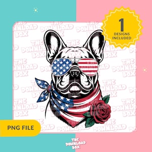 Könnte beinhalten: Schwarz-weiße Illustration einer französischen Bulldogge mit Sonnenbrille im Design der amerikanischen Flagge. Der Hund hat auch ein Halstuch und eine Rose. Das Bild enthält den Text "PNG FILE" und "1 DESIGNS INCLUDED".
