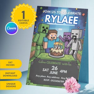 Trending Birthday Party Invitation Canva Template, Birthday Invite, Gamer Birthday Card Template, Canva Gamer Birthday Invitation Png