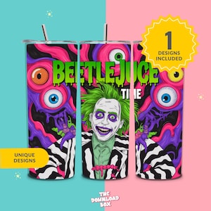 May include: Three tall, cylindrical tumblers with lids and straws. Each tumbler features a vibrant design with the text "BEETLEJUICE TIME" and a portrait of the character. The design includes pink, purple, and black elements, with the words "UNIQUE DESIGNS" and "1 DESIGNS INCLUDED".