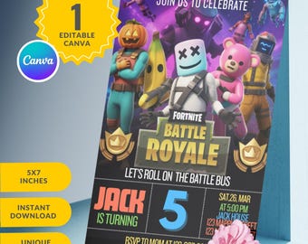 Invitación de cumpleaños de Fort Game, invitación de cumpleaños editable, descarga de CANVA, fiesta de cumpleaños, juego, tarjeta de jugador, fiesta de jugador