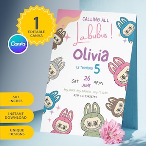 May include: A party invitation with the text "Calling All Labubus!" and "Olivia is turning 5." The design features cartoon characters in various colors, including pink, blue, and brown. The invitation is 5x7 inches and includes RSVP information.