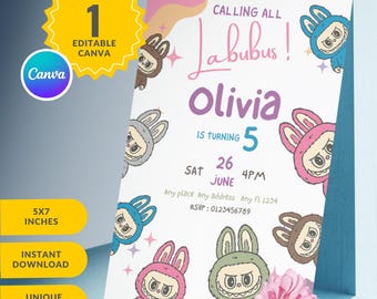 Labubu Birthday Party Invitation, Labubu Birthday Party, Invitation Template, Printable Invite, Canva Editable Template, Instant Download