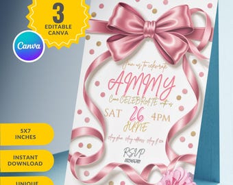 Editable Coquette Pink Bow Birthday Invitation, Pink Bow Birthday Invitation, Ribbon Birthday Invitation, Pink Coquette Bow Invite
