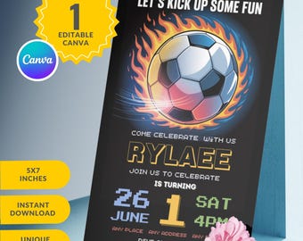 Fußball-Geburtstagseinladung, Fußball-Geburtstagseinladung Vorlage zum ausdrucken, Fußballeinladung digital bearbeitbar in canva