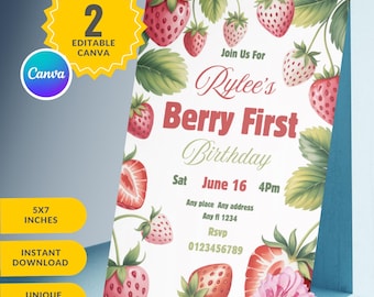 Editable Birthday Invite Template Berry Sweet One | First Birthday Party Girl Birthday Invitation Template | Canva Berry First Invite Girl
