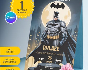Editable Superhero Invitation, Bat Party Invite, Printable Kids Birthday Evite, Digital Birthday Party Card, Canva Template Digital Download