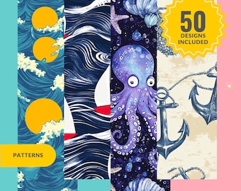 Nautical Adventure Seamless Digital Paper Pack, Anchor, Lighthouse, Compass Patterns, Marine Scrapbooking Backgrounds, Beach Craft Paper Set