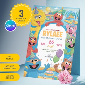 EDITABLE PRINTABLE Birthday Invitation Canva Template For Boy Girl Kids 2nd invitation Street Monsters Elmo Party Invite Sesame Street Card