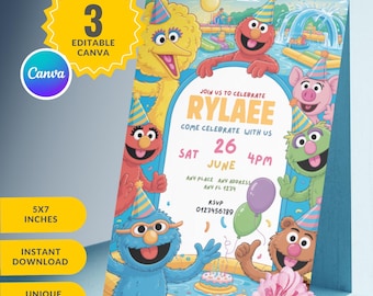 EDITABLE PRINTABLE Birthday Invitation Canva Template For Boy Girl Kids 2nd invitation Street Monsters Elmo Party Invite Sesame Street Card