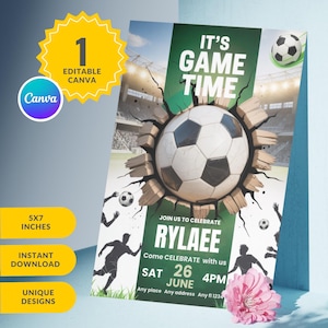 Editable Soccer Birthday Invitation Digital, Soccer Party Invite, Football Birthday Evite, Editable Canva Template, Let&#39;s Kick Up.