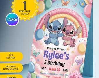 Stitch and Angel Birthday Invitation: Editable & Printable Template – Beautiful Invitation for Your Little One's Birthday, Editable in Canva
