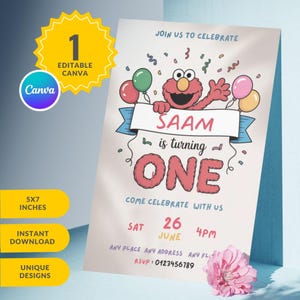 Op Elmo geïnspireerde verjaardagsfeestje: tel je koekjes | Verjaardagsuitnodiging | Kinderfeestje | Bewerkbaar | Uniseks ontwerp | Canvassjabloon