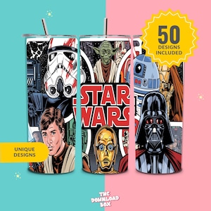 May include: Three stainless steel tumblers with Star Wars character designs. The tumblers feature Darth Vader, Yoda, and R2-D2. The text "Star Wars" is printed on the middle tumbler. The tumblers are for sale as a set of three.