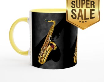 Musical Saxophone Mug - Perfect for Music Lovers | Gift for Musicians | Dishwasher Safe, coffee mug gift, musical coffee mug, Saxophone.