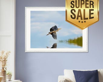 Grey Heron Mounted Framed Poster | Wildlife Art for Country Home | Gift for Nature Lovers from a photograph of heron in flight over river