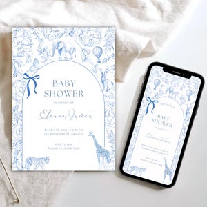 Safari Toile De Jouy Baby Shower Invitation | Vintage Floral Invite | Blue Chinoiserie | Hot Air Balloon | Printable & Mobile template, #001