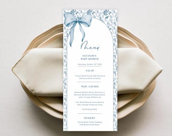 Elegant Bow Blue Toile Menu Template, Vintage Baby Shower Menu Card, Blue Chinoiserie Menu, Toile de Jouy Menu, Editable Canva Template #007