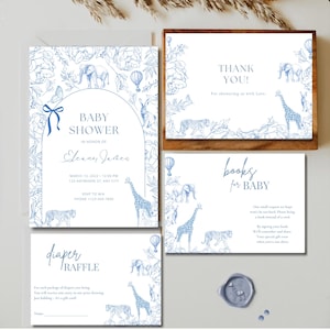 Safari Toile De Jouy Baby Shower Invitation Set, Vintage Floral Baby Boy, Blue Chinoiserie,  Jungle, Hot Air Balloon, Jungle Theme, #001
