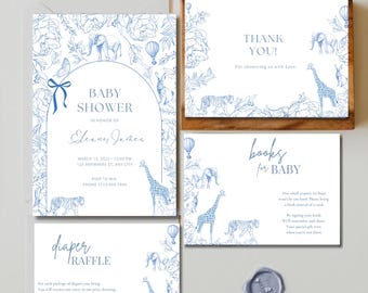 Blue Toile Safari Baby Shower Invitation Set, Safari Baby Boy Shower, Blue Chinoiserie, Animal Baby Boy Shower, Baby Shower Bundle #001