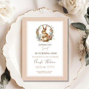 Some Bunny is One Birthday Invitation Template | Editable Girl Bunny 1st Birthday Party Invite | Spring Printable Rabbit First Birthday