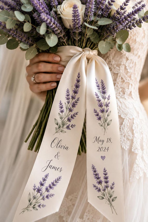 Personalized Bridal Bouquet Ribbon, Hand Painted Lavender Wedding Ribbon, Custom NamesDate, Bridal Bouquet Keepsake, Wedding Gift