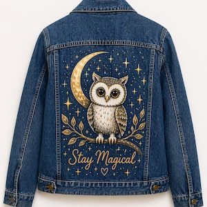 Op de afbeelding: Een spijkerjasje met een grillig ontwerp op de rug. Het ontwerp toont een gedetailleerde uil die op een tak zit voor een halve maan, met de woorden "Stay Magical" en sterren. De jas is een medium blauwe wassing.