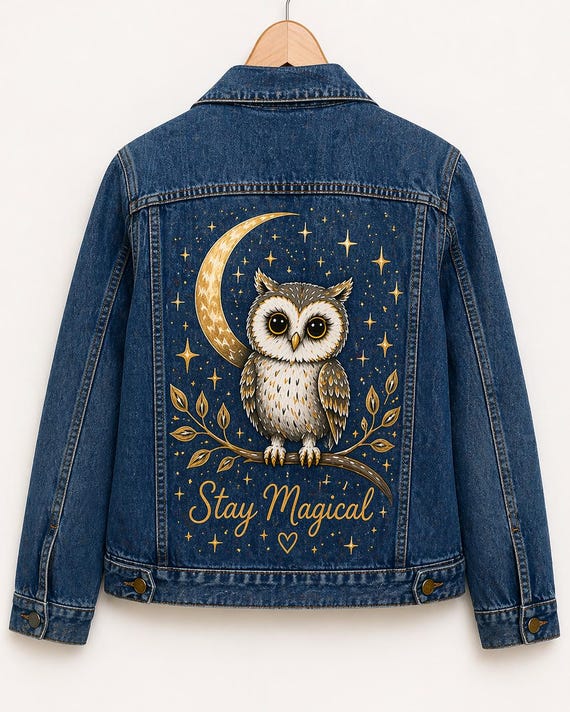 Hand Painted Denim Jacket Owl, Custom Jean Jacket, Stay Magical Jacket, Personalized Gift for Her, Unique Handmade Clothing