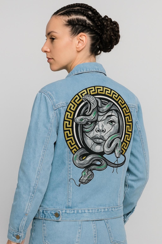 Hand Painted Medusa Denim Jacket, Wearable Art Jean Jacket, Custom Mythology Clothing, Greek Gorgon Aesthetic, Unique Gift for Her.