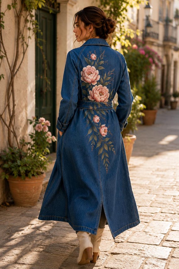 Hand Painted Denim Trench Coat with Peonies, Women’s Floral Long Jean Coat, Custom Wearable Art, Made to Order Gift for Her