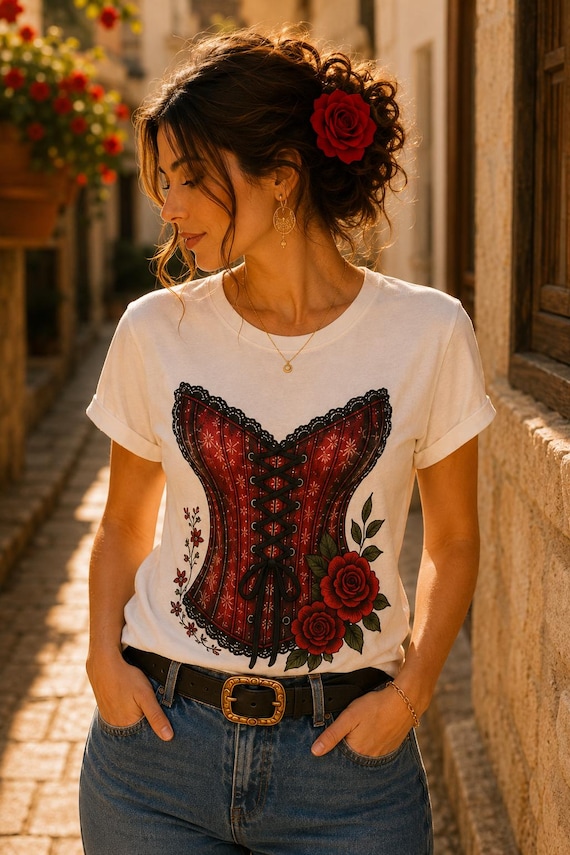 Romantic Red Corset T-Shirt, Floral Corset Graphic Tee, Vintage Feminine Aesthetic Shirt, Coquette Cottagecore Top, Pinterest Fashion