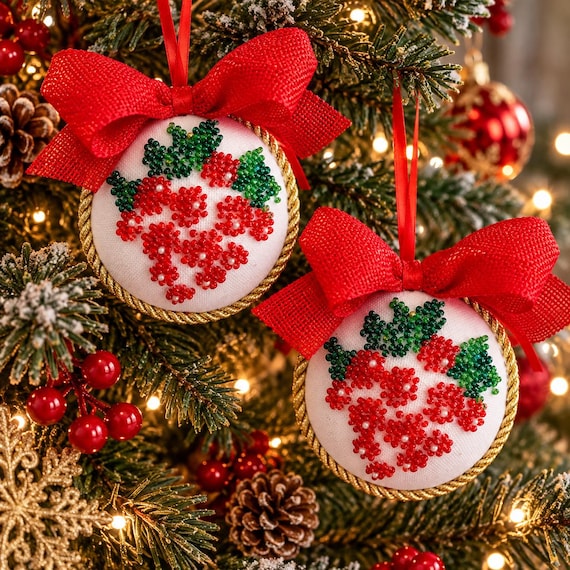 Set of 2 Beaded Christmas Ornaments, Handmade Ukrainian Kalyna Decorations, Red or Green Bows, Unique Christmas Gift
