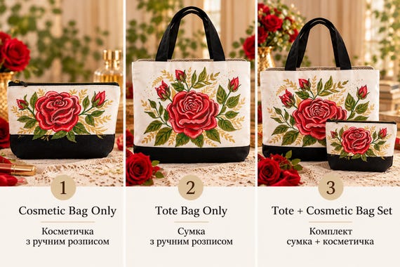 Hand Painted Rose Tote Bag and Makeup Bag Set, Floral Canvas Handbag, Matching Cosmetic Pouch, Unique Gift for Her