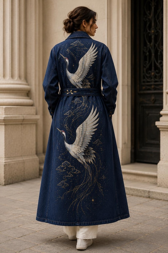 Hand Painted Denim Trench Coat with Cranes, Women's Long Jean Coat, Japanese Inspired Wearable Art, Custom Statement Coat