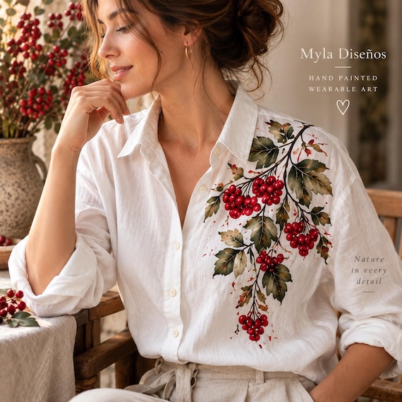Hand Painted Linen Shirt with Ukrainian Kalyna, Women’s White Shirt, Red Berry Botanical Art, Ukrainian Gift, Wearable Art Blouse