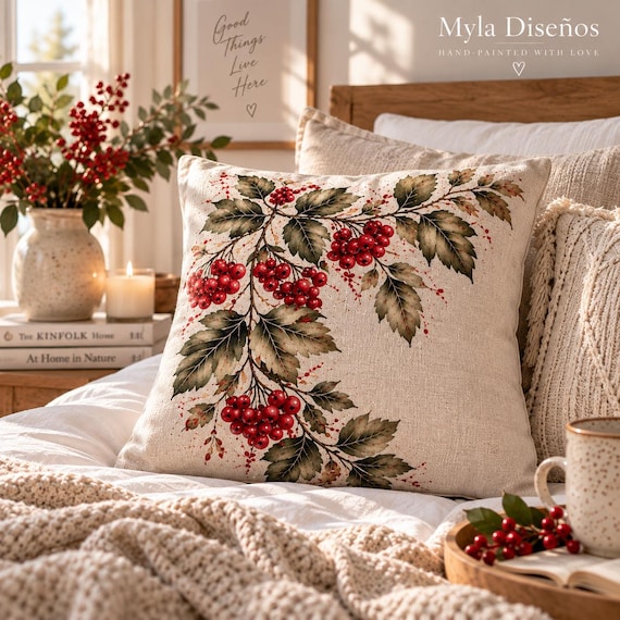 Hand-Painted Linen Pillow Cover with Ukrainian Kalyna (Viburnum) – Unique Botanical Home Decor