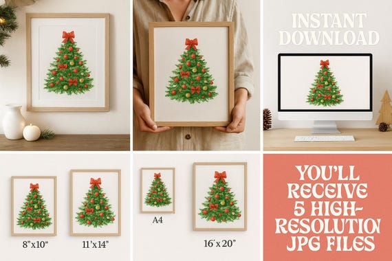 Printable Christmas Tree Wall Art, Holiday Decor, Digital Download, Christmas Print, Festive Home Decor, Instant Download JPG