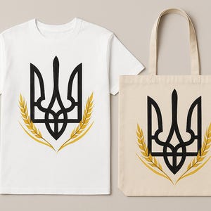 Ensemble artisanal peint à la main. T-shirt et sac trident ukrainien doré.